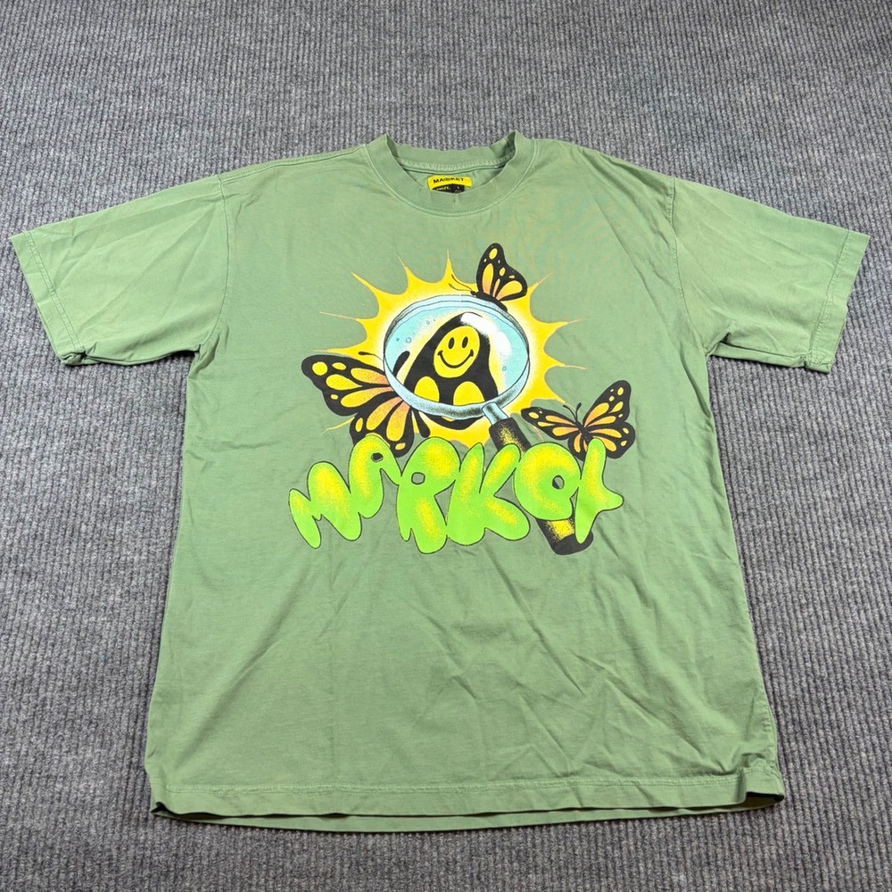 Market Shirt Men's L Smiley Butterfly‎ Magnifying Glass Graphic Green